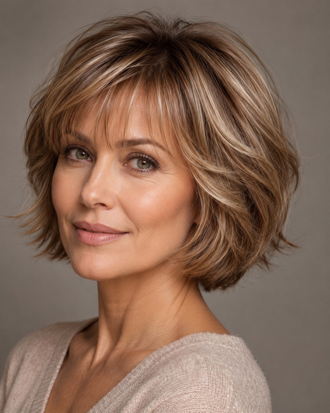 Layered Bob Frisur ab 50 mit Pony und nach außen geföhnten Spitzen in warmem Karamell-Blond