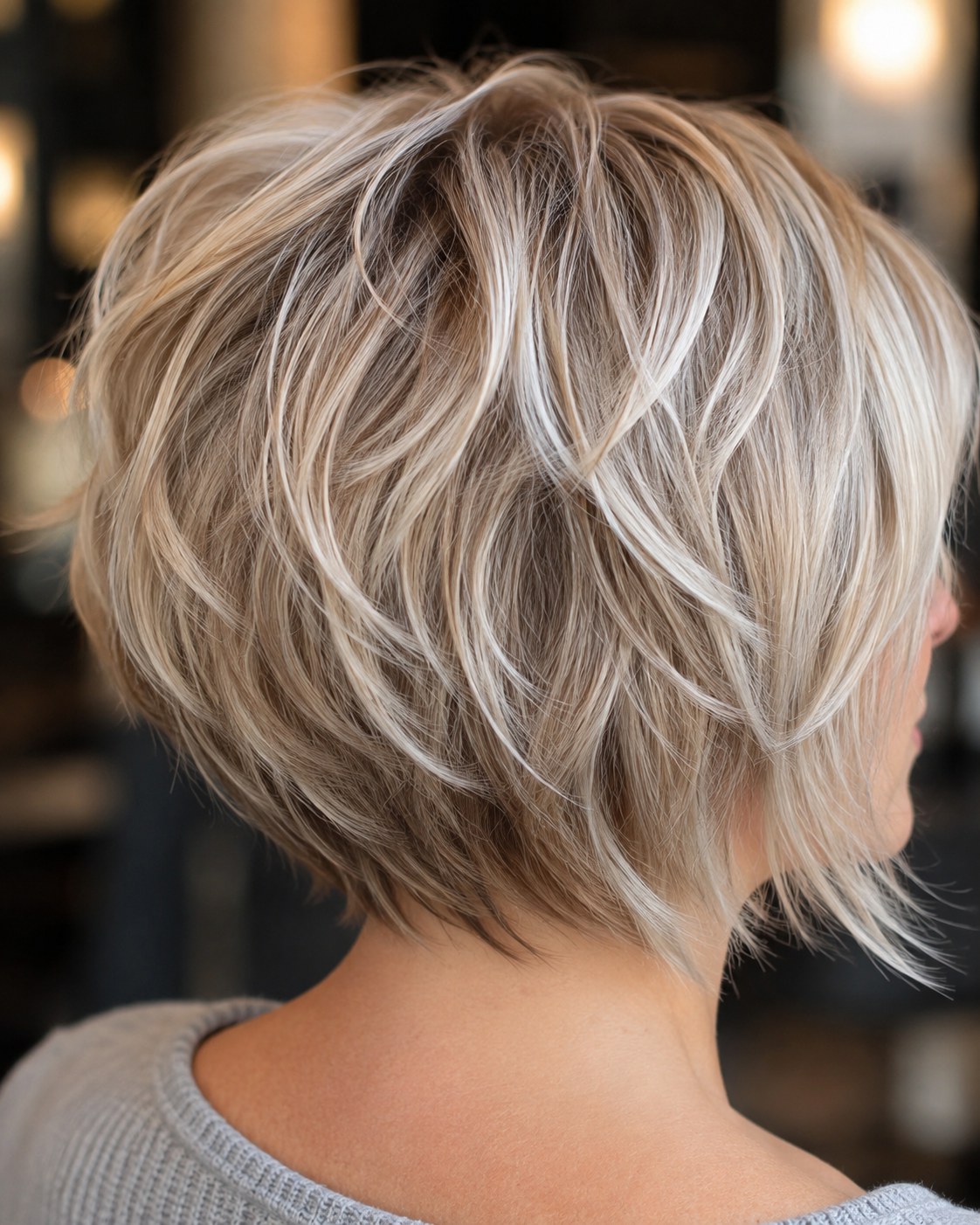 Layered Bob von hinten mit kurzen Shag-Stufen und hellen Strähnen für mehr Fülle bei feinem Haar