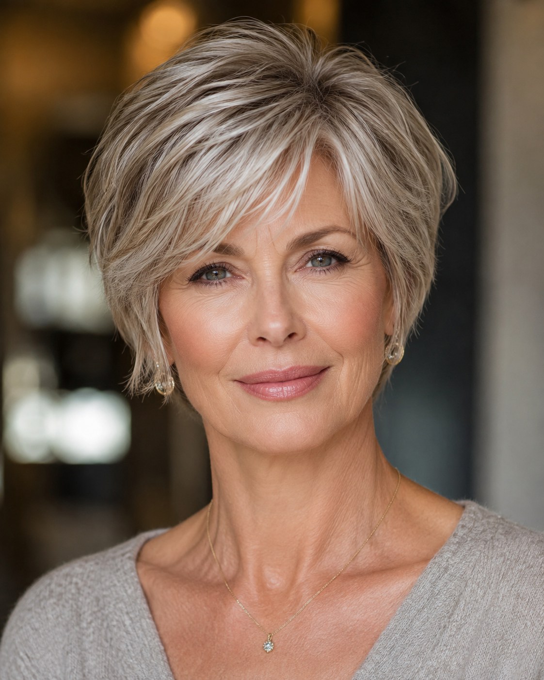 Kurzer Layered Pixie-Bob in Silber-Blond mit seitlichem Pony als pflegeleichte Variante ab 50