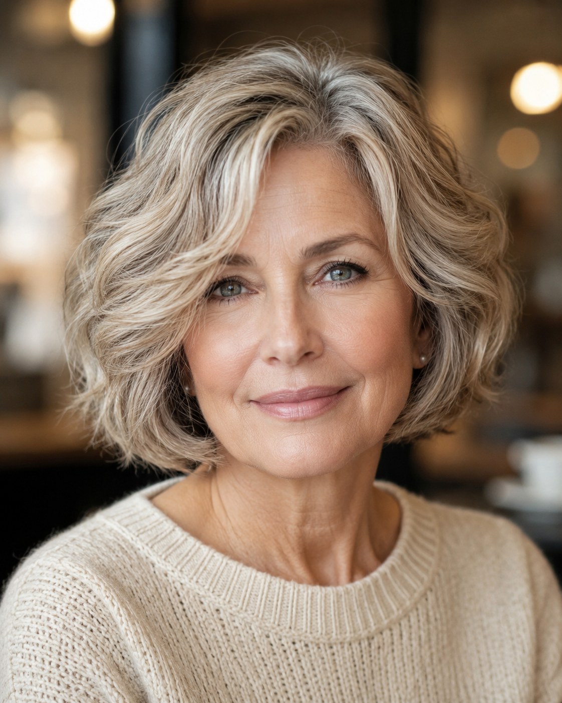 Gewellter Layered Bob in Silber-Blond zeigt natürliche Textur und geschichtete Stufen