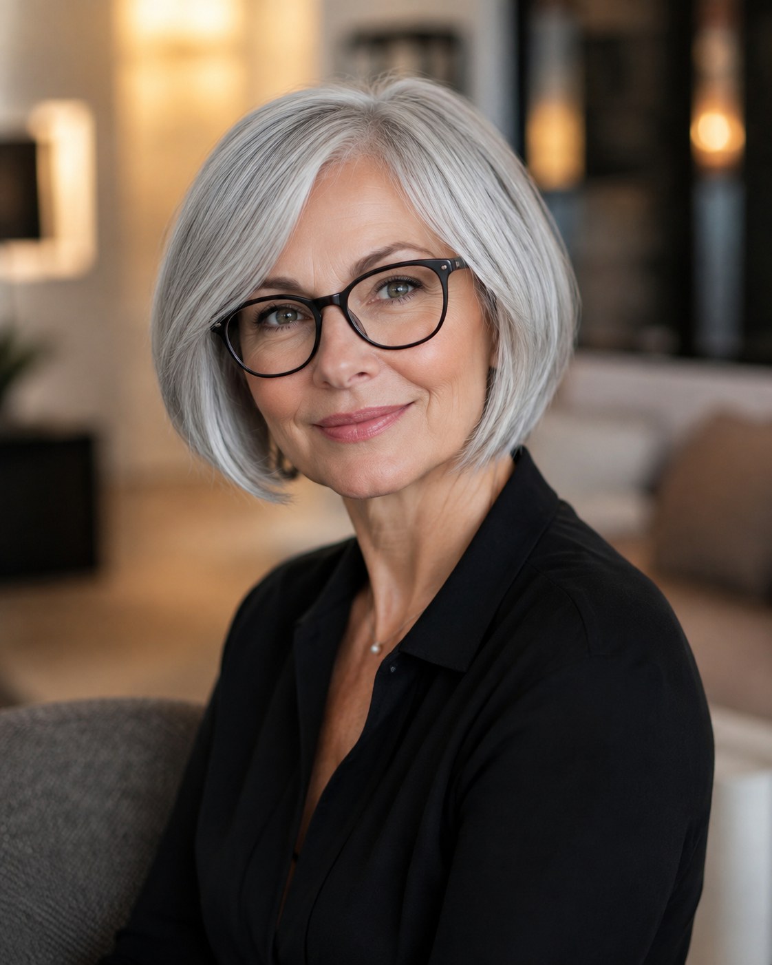 Glatter grauer Layered Bob in Kinnlänge kombiniert mit Brille für einen eleganten Look ab 50