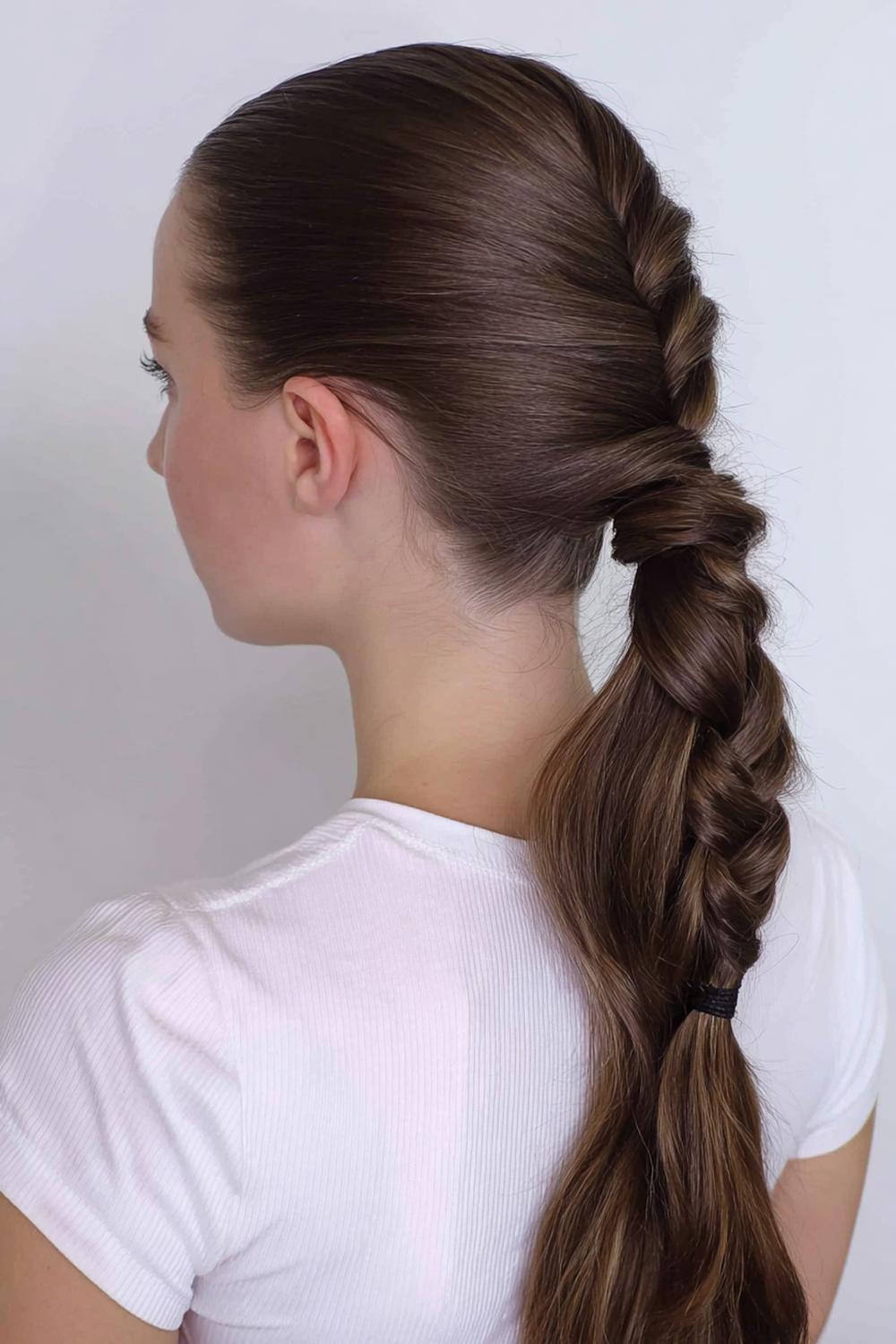 17. Minimal Hair Looks 2026: Low Braided Ponytail mit strenger Basis