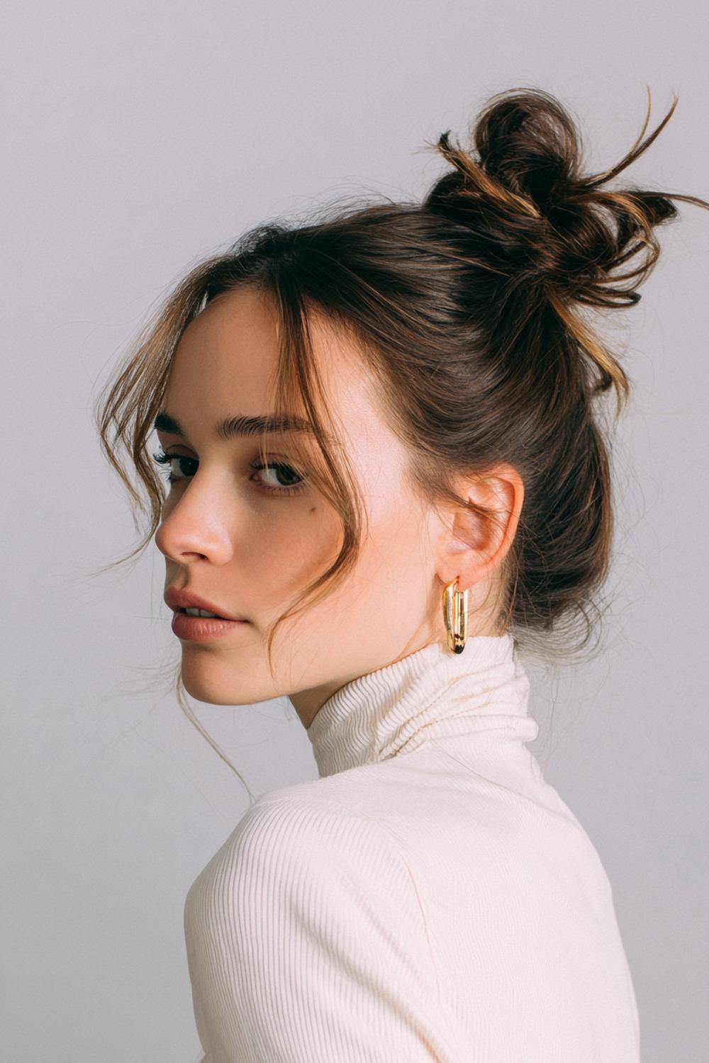 28. Minimal Hair Looks 2026: Minimaler Messy Bun mit kontrollierten Flyaways