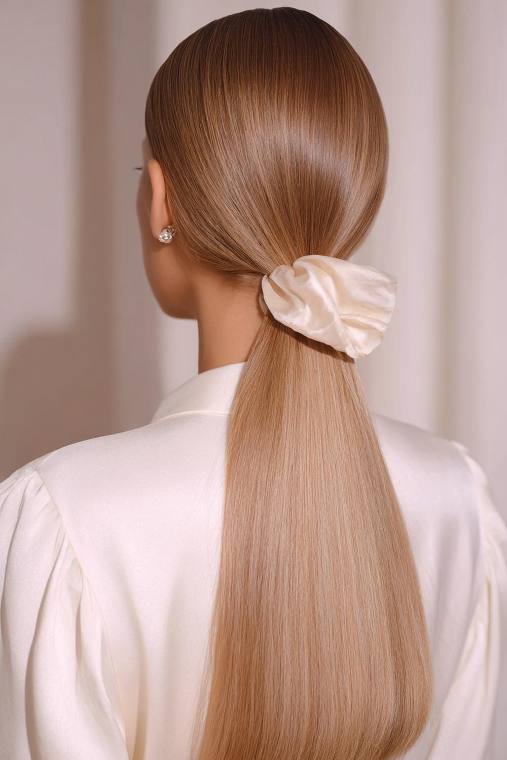 30. Minimal Hair Looks 2026: Glatte Länge mit Mikro-Haargummi in Nude