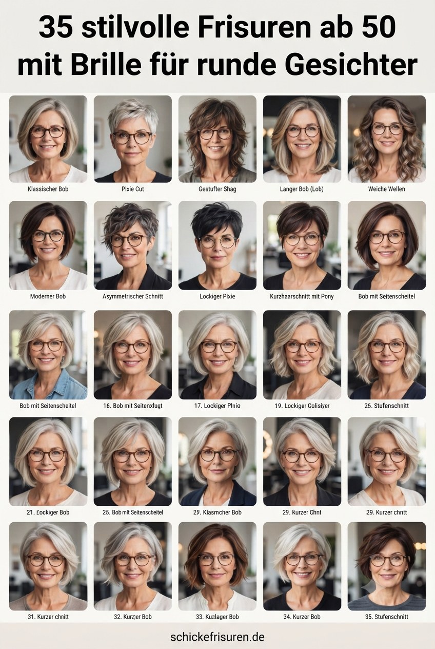 35 stilvolle Frisuren ab 50 mit Brille für runde Gesichter