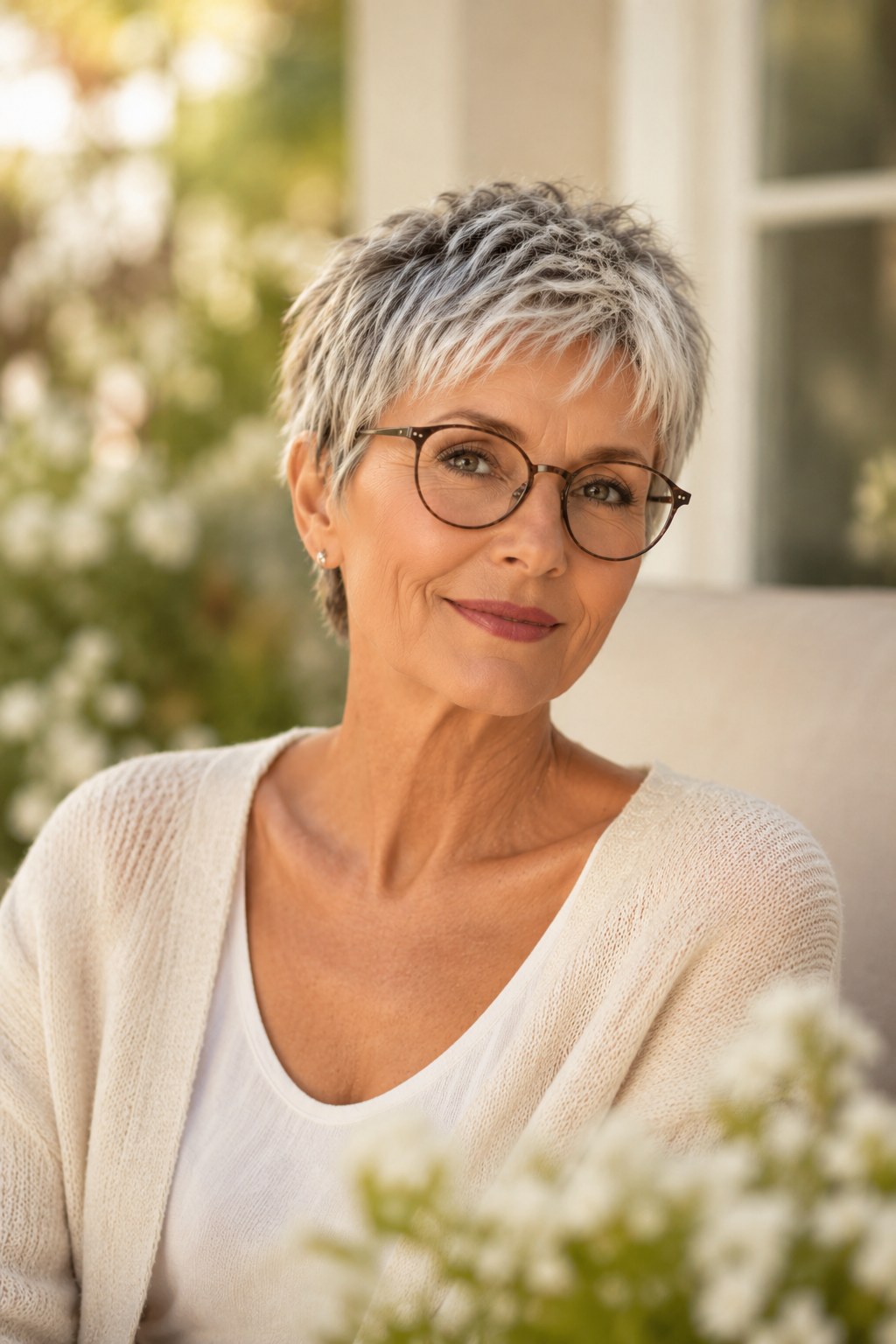 Weich texturierter Pixie mit Pony und Brille, eine alltagstaugliche peppige Frisur ab 50