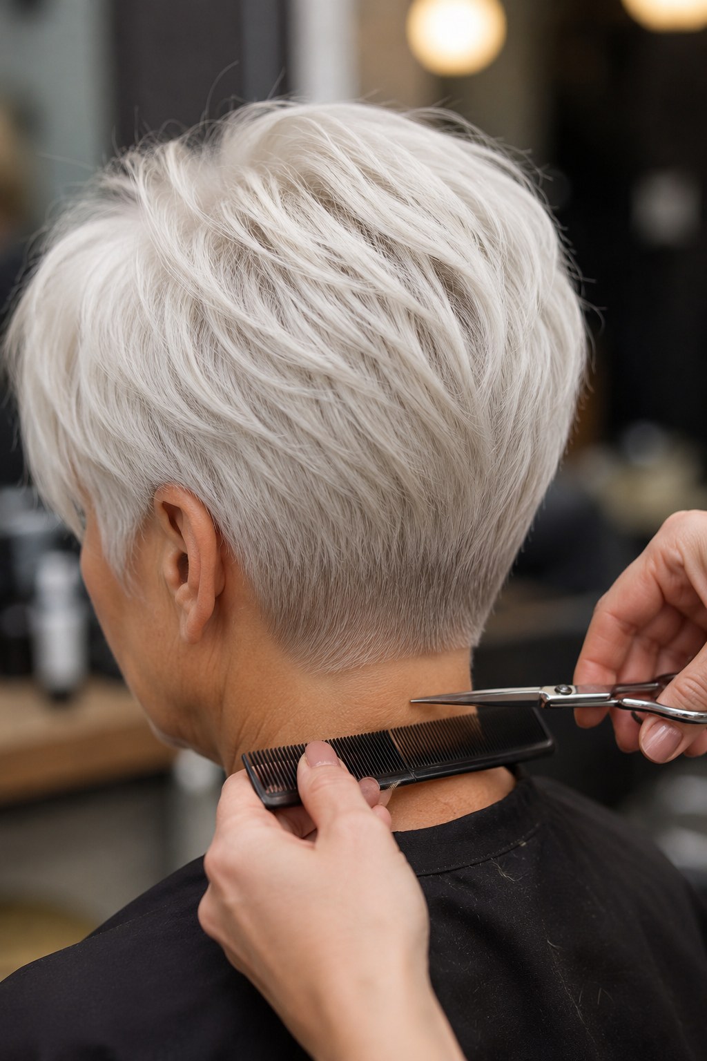 Präziser Undercut im Nacken bei einer peppigen Kurzhaarfrisur ab 50 von hinten