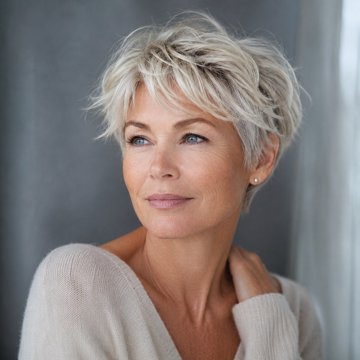Zerzauster blonder Pixie mit Pony als peppige Frisur ab 50 für feines Haar