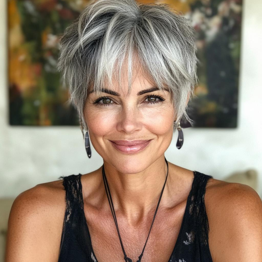 Pixie Cut Grau mehrschichtige Fransen