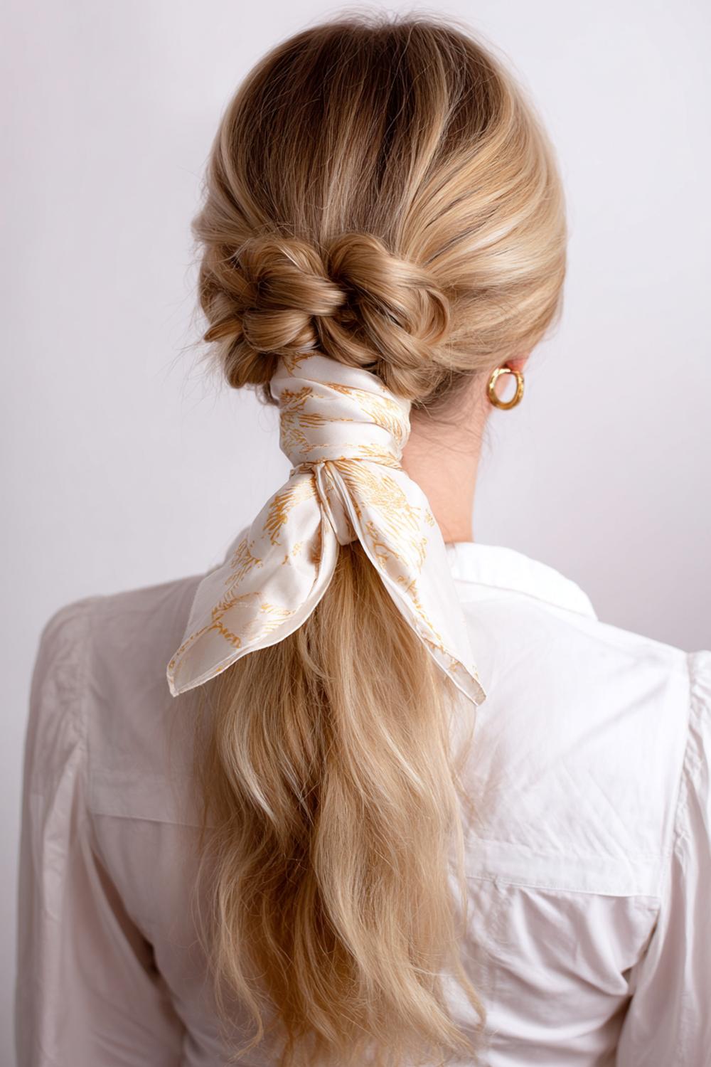 16. Sommer Haare Frauen 2026: Knoten-Zopf-Kombination mit schimmerndem Band