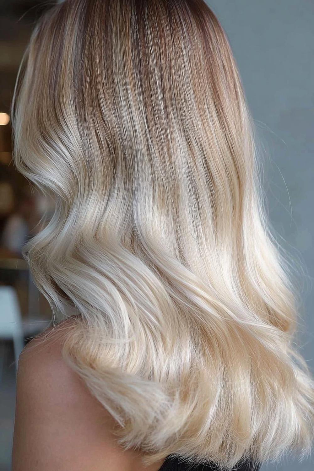 25. Sommer Haare Frauen 2026: Eisiges Blond mit Schattenansatz (Shadow Root)