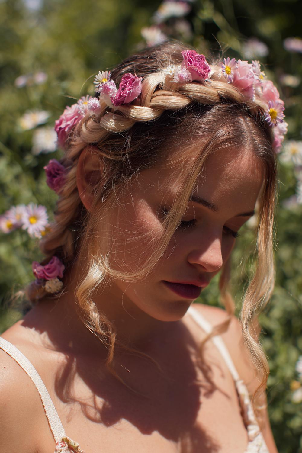 7. Sommer Haare Frauen 2026: Geflochtener Crown-Braid mit Blumen-Details