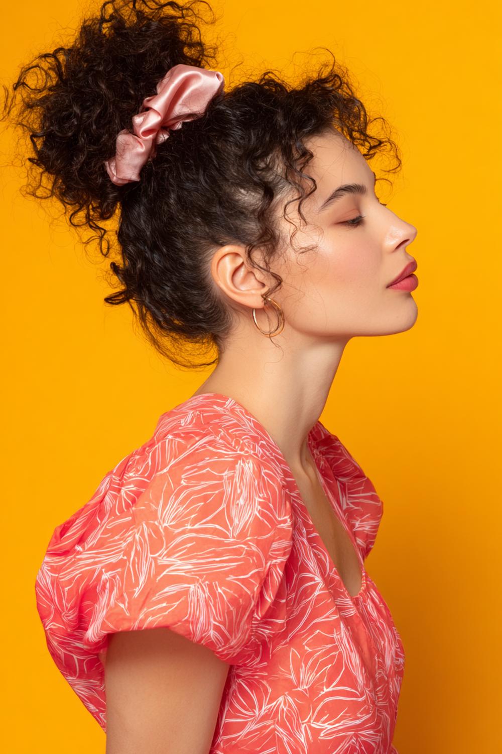 12. Urlaubs Frisuren 2026: Curly Pineapple-Updo mit Satin-Scrunchie