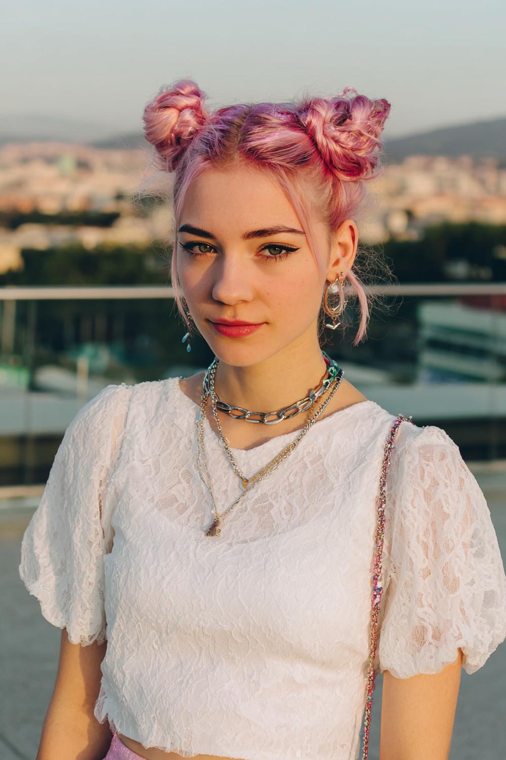 16. Urlaubs Frisuren 2026: Doppelte Space Buns mit Glitzer-Scheitel