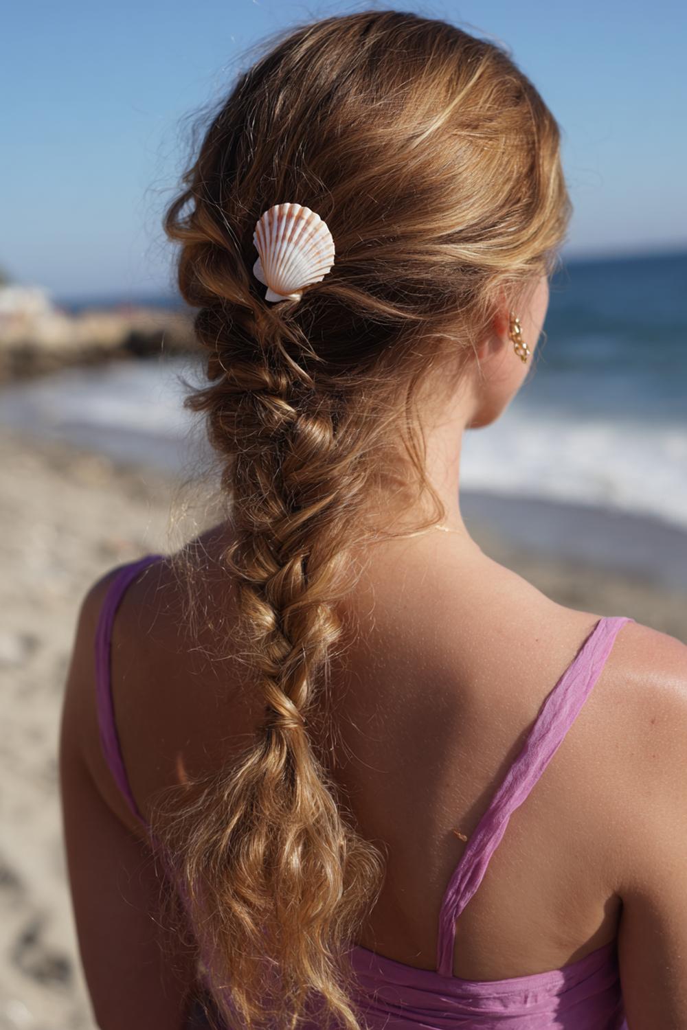 9. Urlaubs Frisuren 2026: Seitlicher Fischgrätenzopf mit Muschel-Clip